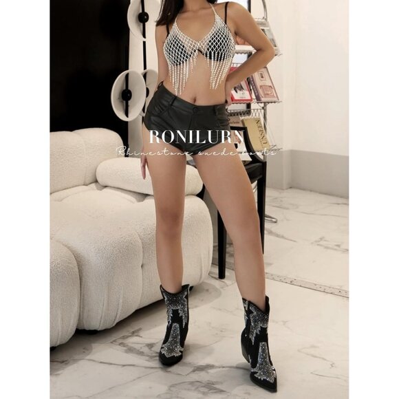 Women Polyurethane Ankle Black Pointed Toe Chunky Heel Rhinestone Tall Boot - Picture 5 of 8